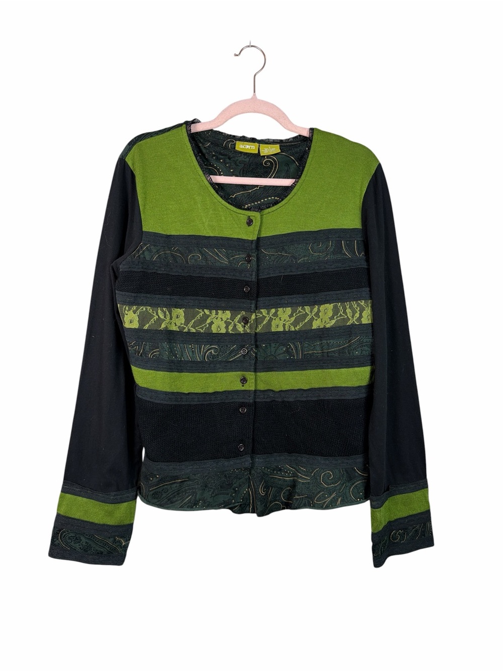 Acorn Large Green Black Paisley Lace Patchwork Cardigan Boho Artsy Sweater